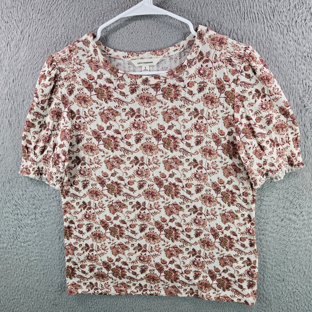 Lucky Brand Womens Floral Pointelle Knit Puff Sleeve Top Cream Burgundy Small